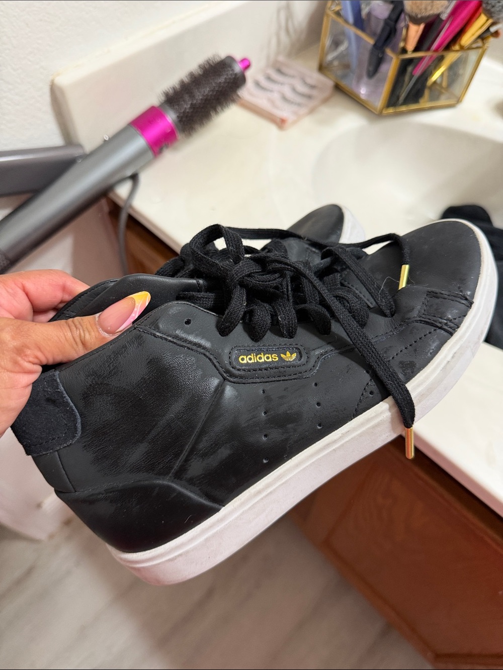 adidas Black Leather Sneakers with White Sole and Gold Trim